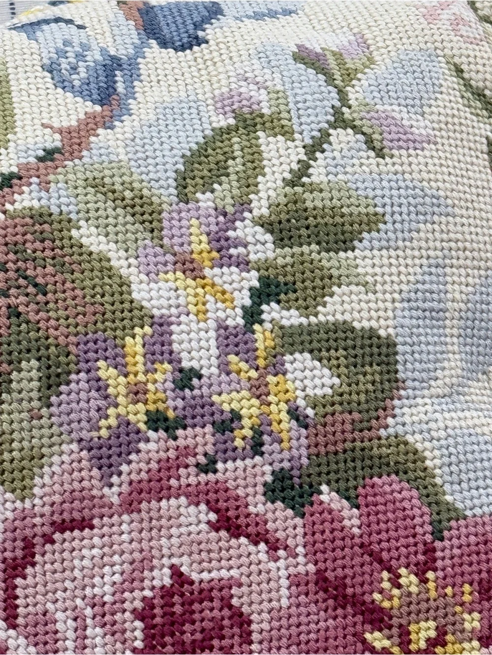 Needlepoint Floral Bouquet Square Accent Pillow Blue